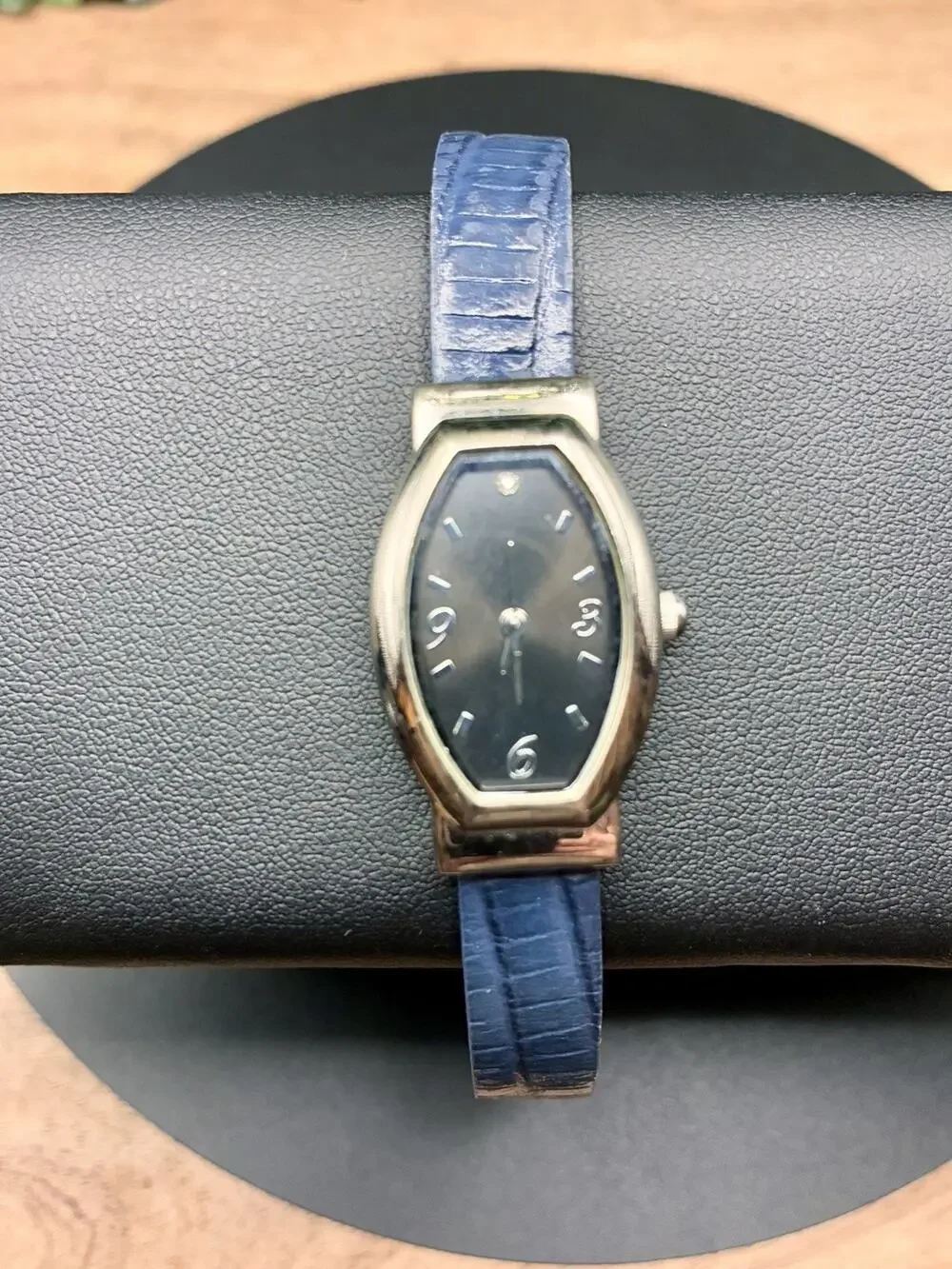 Diamond Analog Wristwatch Blue Leather Buckle Band Rectangular Black Face